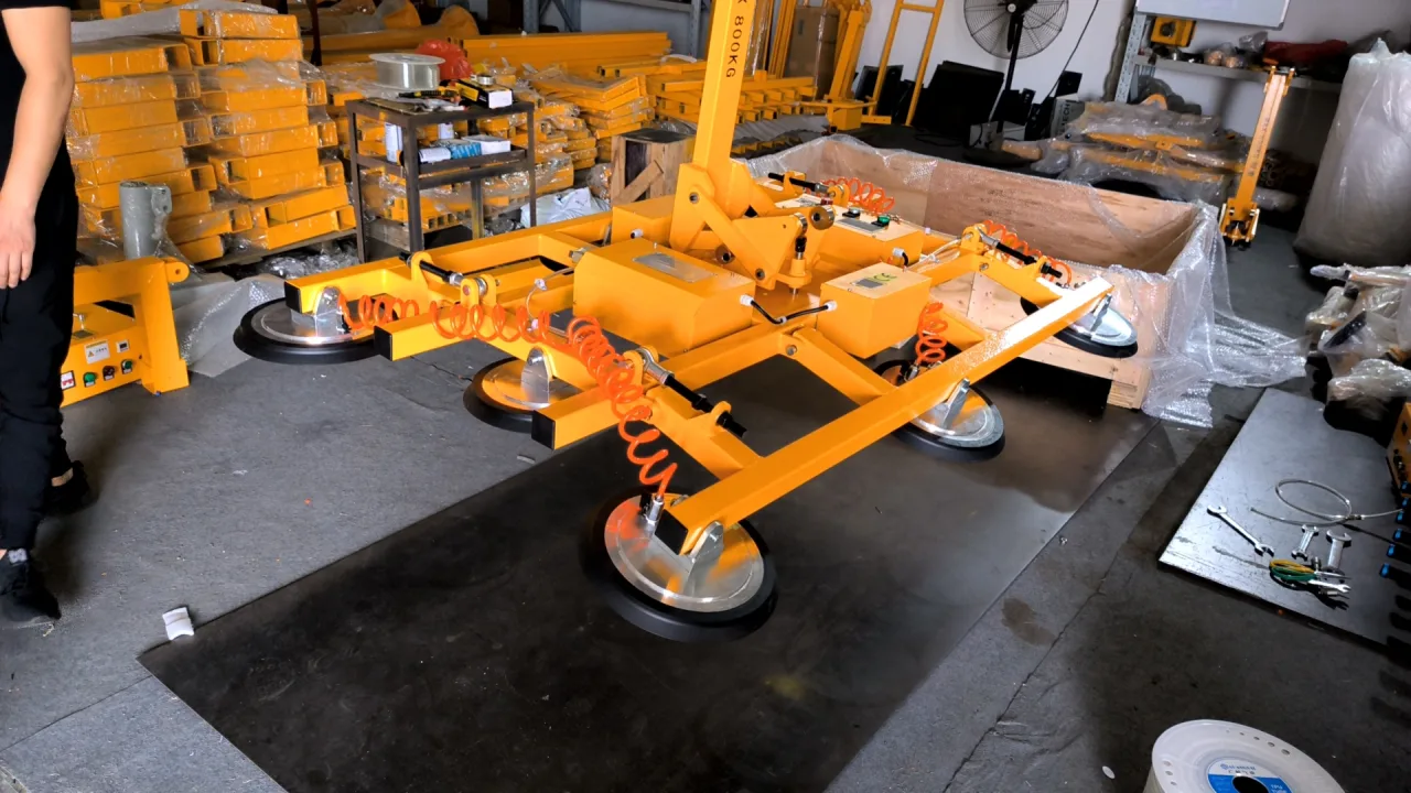 Custom eight-pad glass vacuum lifter assembled at the factory for the Singapore project.