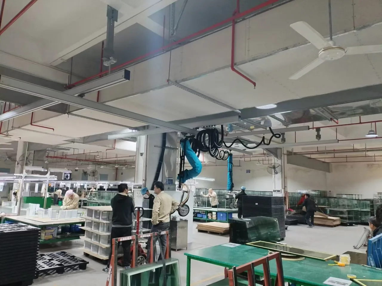 Installed overhead rails and tube lifter at the aquarium production station