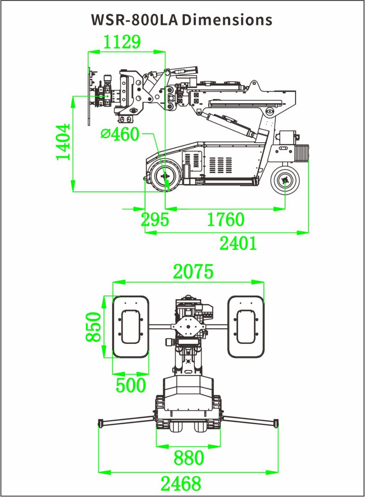 WSR-800LA dimensional arrangement, mm. Dimensions refer to the illustrated folded or working posture, not necessarily the minimum transport envelope.