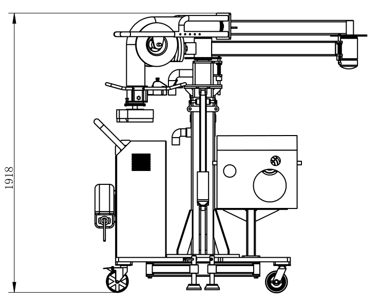 Folding-arm layout example, dimensions in mm. Use the selected model drawing to check the transport height.