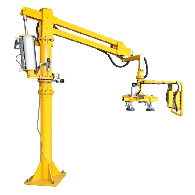 Fixed-column rigid-arm manipulator with a pneumatic lifting cylinder beside the column, articulated arms and a suction-tool assembly at the working end. This configuration image identifies separate functions; it does not prove that another machine uses the same controls or protective circuit.